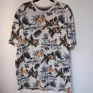 PD & C Men's Hawaiian Shirt 2X GUC Tropical Sexy Girl Palm Trees Hibiscus Flower